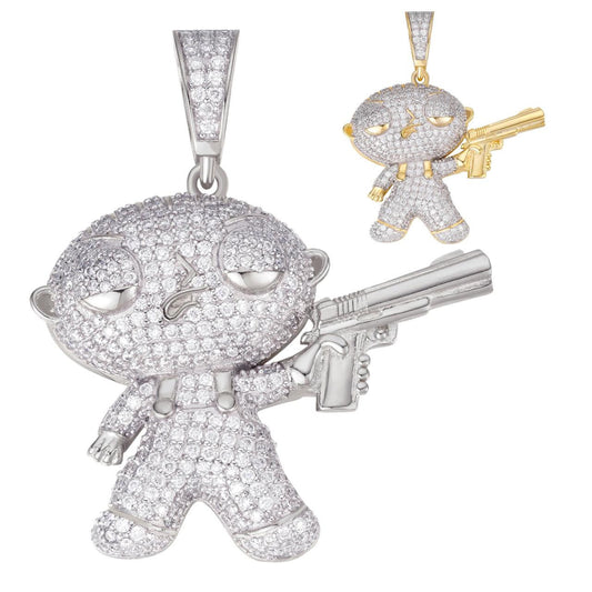 HarlemBling MOISSANITE Stewie Griffin Family Guy Pendant - 14k Gold Vermeil Or 925 Silver - Medium 2"