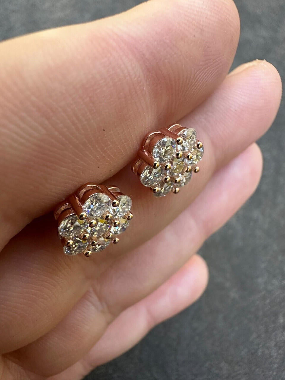 HarlemBling Moissanite Studs Cluster Flower Set Earrings Real 14k Rose Gold Over 925 Silver