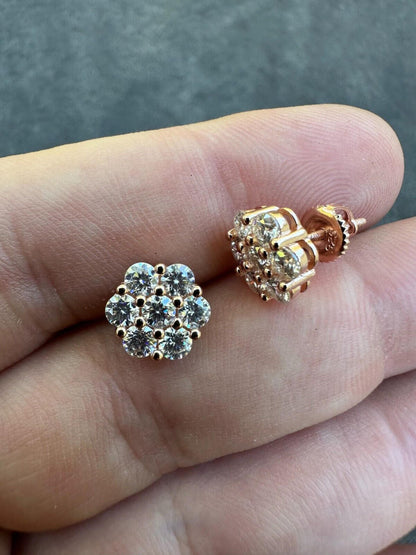 HarlemBling Moissanite Studs Cluster Flower Set Earrings Real 14k Rose Gold Over 925 Silver