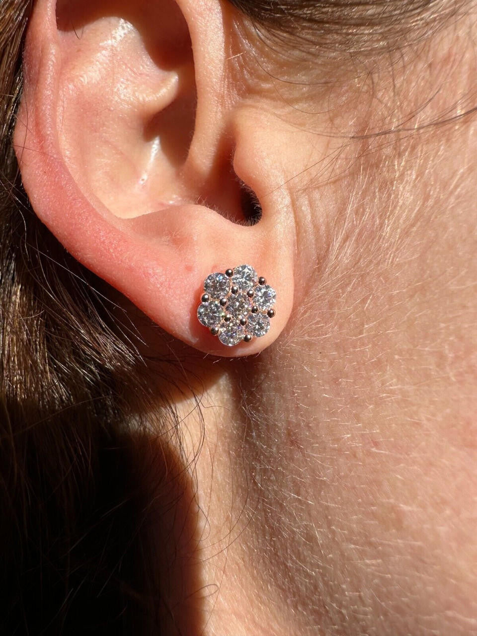 HarlemBling Moissanite Studs Cluster Flower Set Earrings Real 14k Rose Gold Over 925 Silver