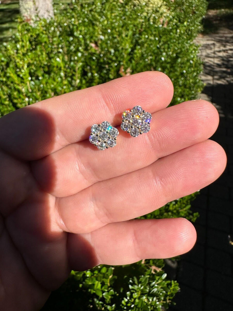 HarlemBling Moissanite Studs Cluster Flower Set Earrings Real 14k Rose Gold Over 925 Silver