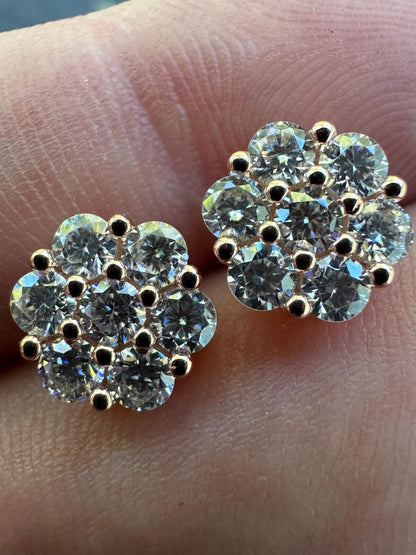 HarlemBling Moissanite Studs Cluster Flower Set Earrings Real 14k Rose Gold Over 925 Silver