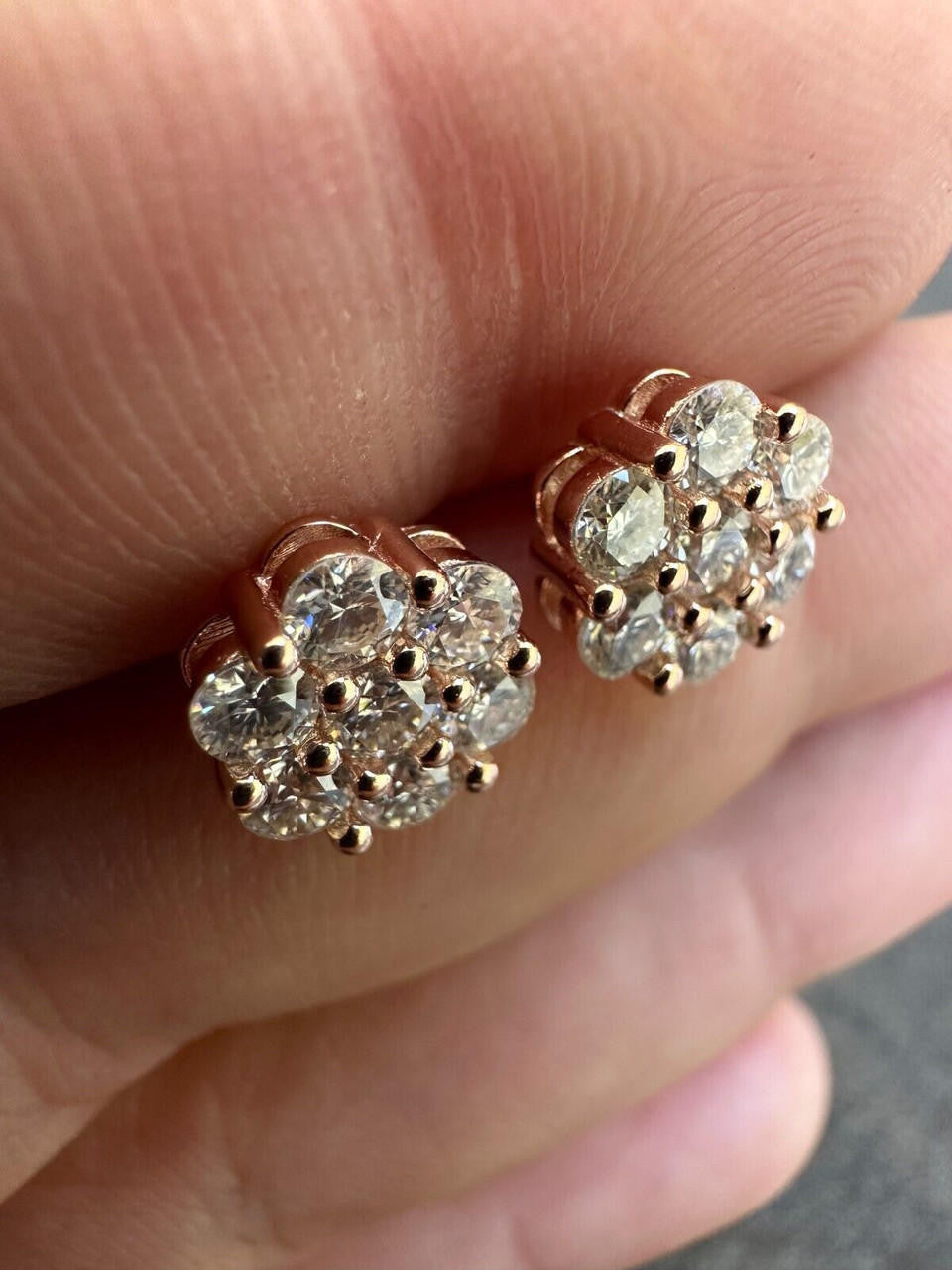 HarlemBling Moissanite Studs Cluster Flower Set Earrings Real 14k Rose Gold Over 925 Silver