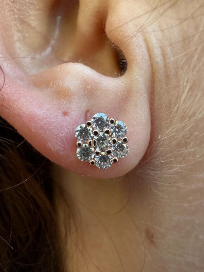 HarlemBling Moissanite Studs Cluster Flower Set Earrings Real 14k Rose Gold Over 925 Silver