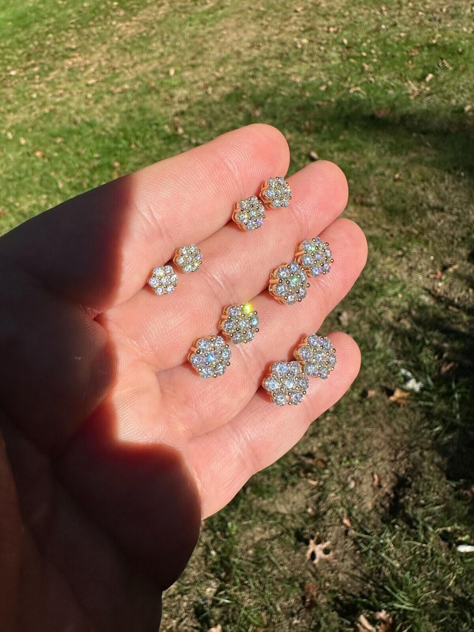 HarlemBling Moissanite Studs Iced Cluster Flower Set Earrings Real 14k Gold Over 925 Silver