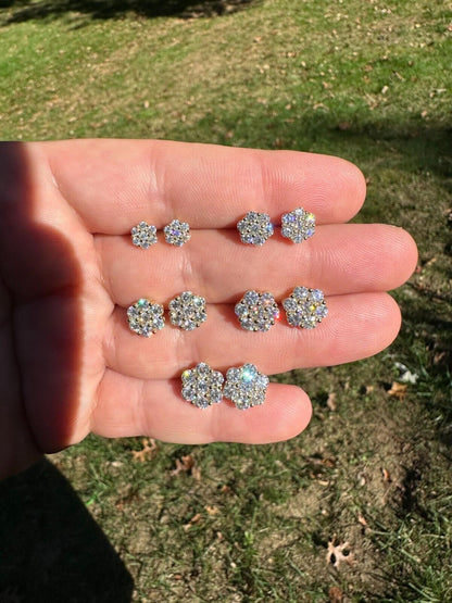 HarlemBling Moissanite Studs Iced Cluster Flower Set Earrings Real 14k Gold Over 925 Silver
