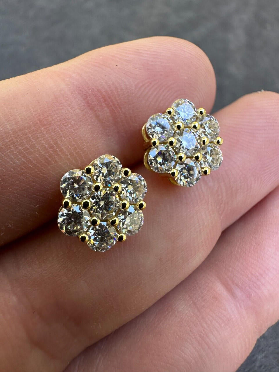 HarlemBling Moissanite Studs Iced Cluster Flower Set Earrings Real 14k Gold Over 925 Silver