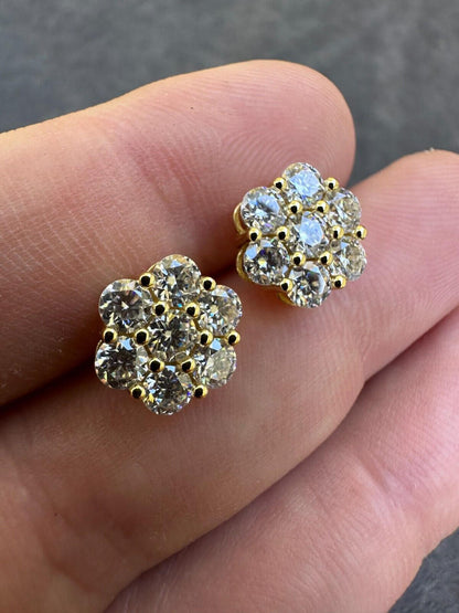 HarlemBling Moissanite Studs Iced Cluster Flower Set Earrings Real 14k Gold Over 925 Silver