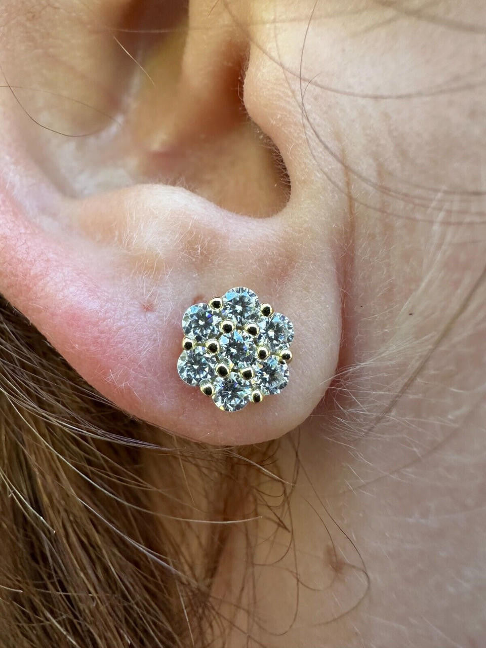 HarlemBling Moissanite Studs Iced Cluster Flower Set Earrings Real 14k Gold Over 925 Silver