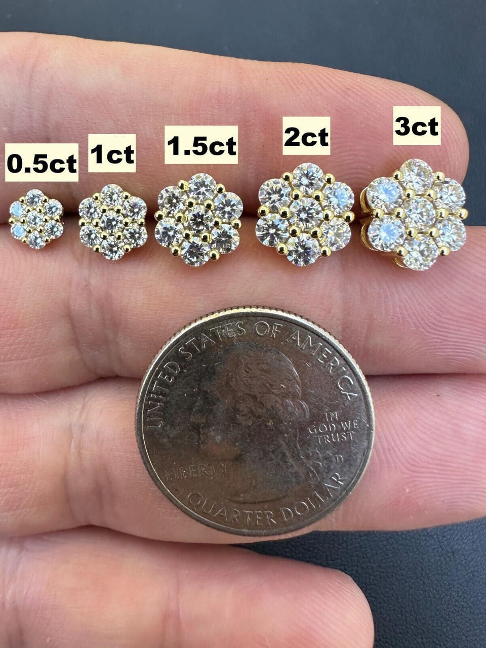 HarlemBling Moissanite Studs Iced Cluster Flower Set Earrings Real 14k Gold Over 925 Silver