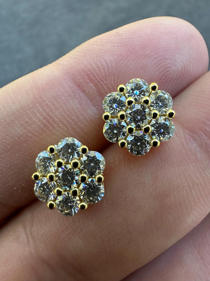 HarlemBling Moissanite Studs Iced Cluster Flower Set Earrings Real 14k Gold Over 925 Silver