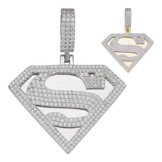 HarlemBling MOISSANITE SUPERMAN Hip Hop Logo Pendant - 14k Gold Vermeil Or 925 Silver - Small 1.5"