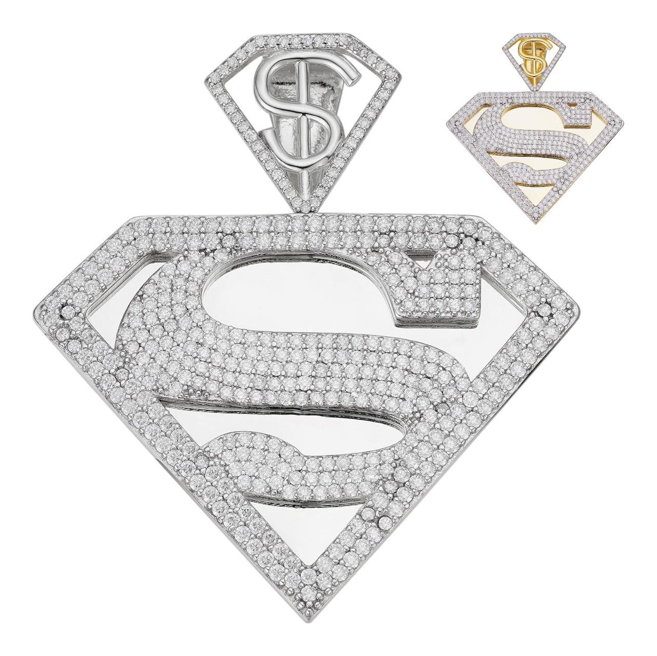 HarlemBling MOISSANITE SUPERMAN Superhero Pendant - 14k Gold Vermeil Or 925 Silver - Medium 2"