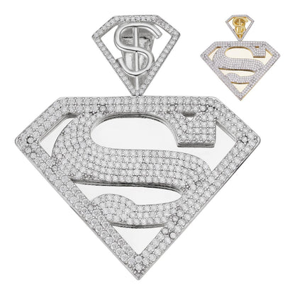 HarlemBling MOISSANITE SUPERMAN Superhero Pendant - 14k Gold Vermeil Or 925 Silver - Medium 2"