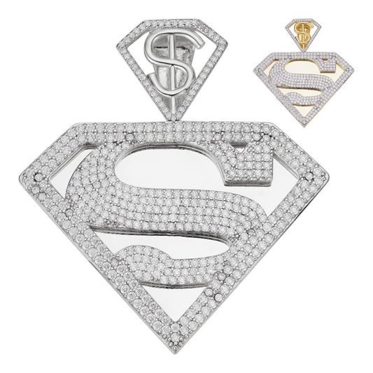 HarlemBling MOISSANITE SUPERMAN Superhero Pendant - 14k Gold Vermeil Or 925 Silver - Medium 2"