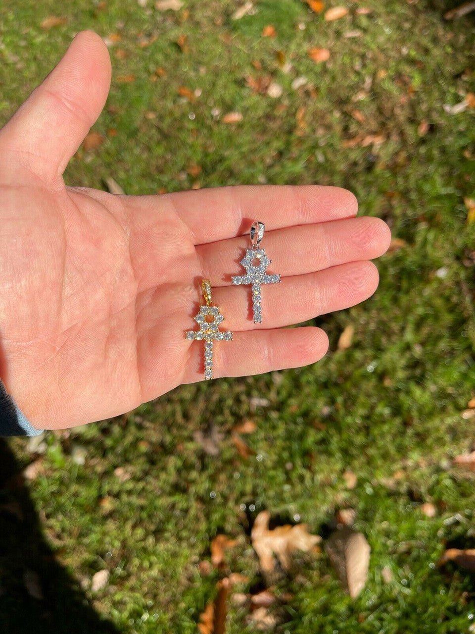 HarlemBling MOISSANITE Tennis Ankh Cross Pendant Iced Necklace Gold / Silver Diamond Test 