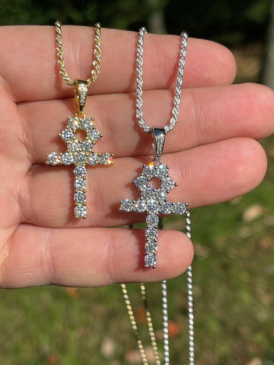 HarlemBling MOISSANITE Tennis Ankh Cross Pendant Iced Necklace Gold / Silver Diamond Test 