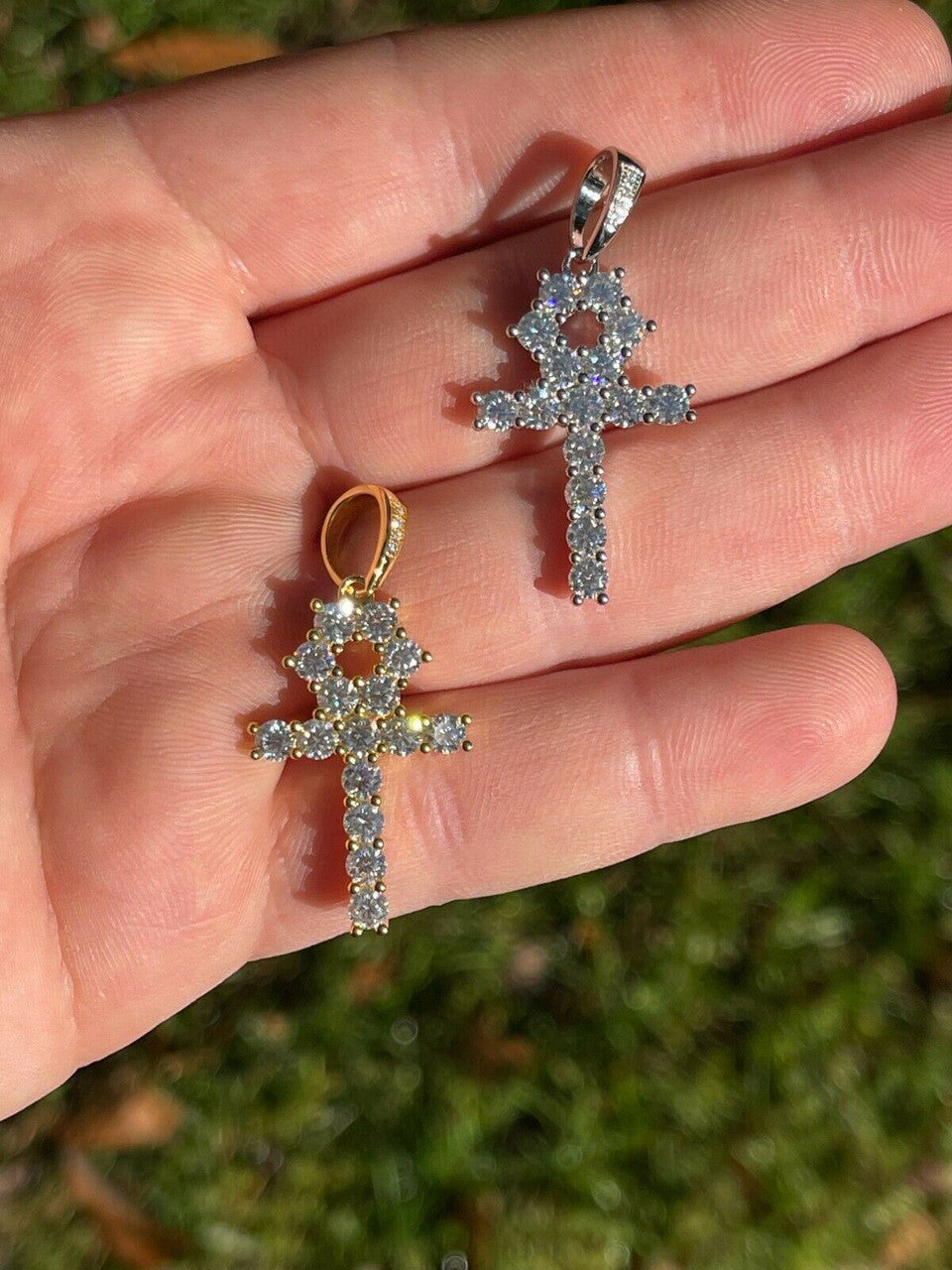 HarlemBling MOISSANITE Tennis Ankh Cross Pendant Iced Necklace Gold / Silver Diamond Test 