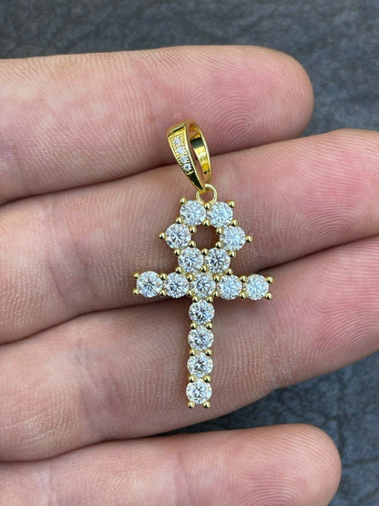 HarlemBling MOISSANITE Tennis Ankh Cross Pendant Iced Necklace Gold / Silver Diamond Test 