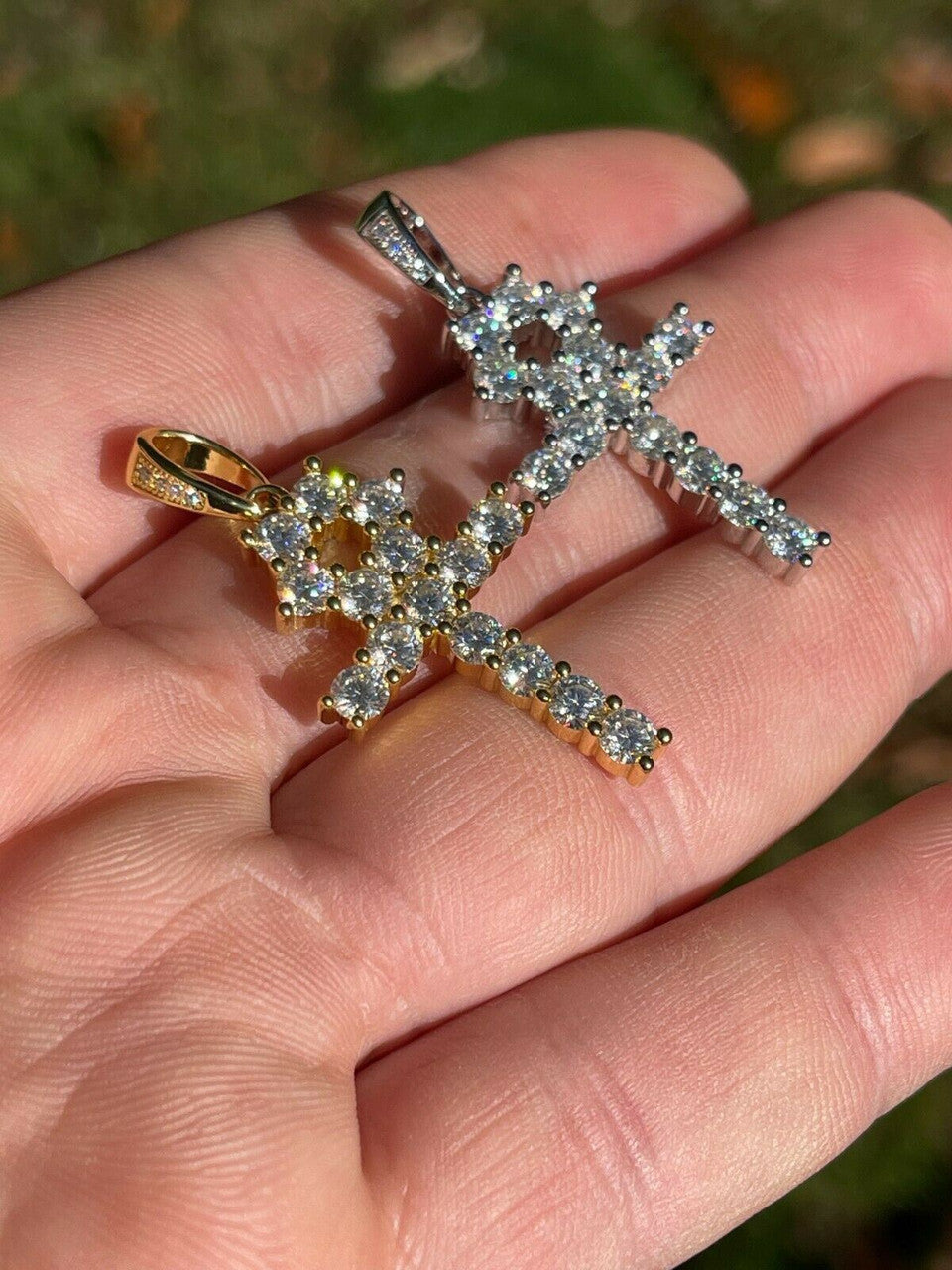 HarlemBling MOISSANITE Tennis Ankh Cross Pendant Iced Necklace Gold / Silver Diamond Test 