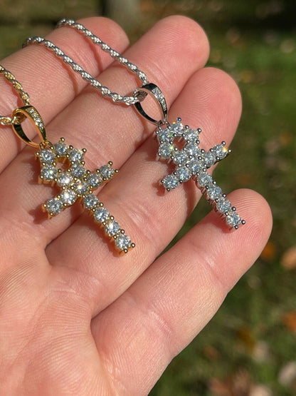 HarlemBling MOISSANITE Tennis Ankh Cross Pendant Iced Necklace Gold / Silver Diamond Test 