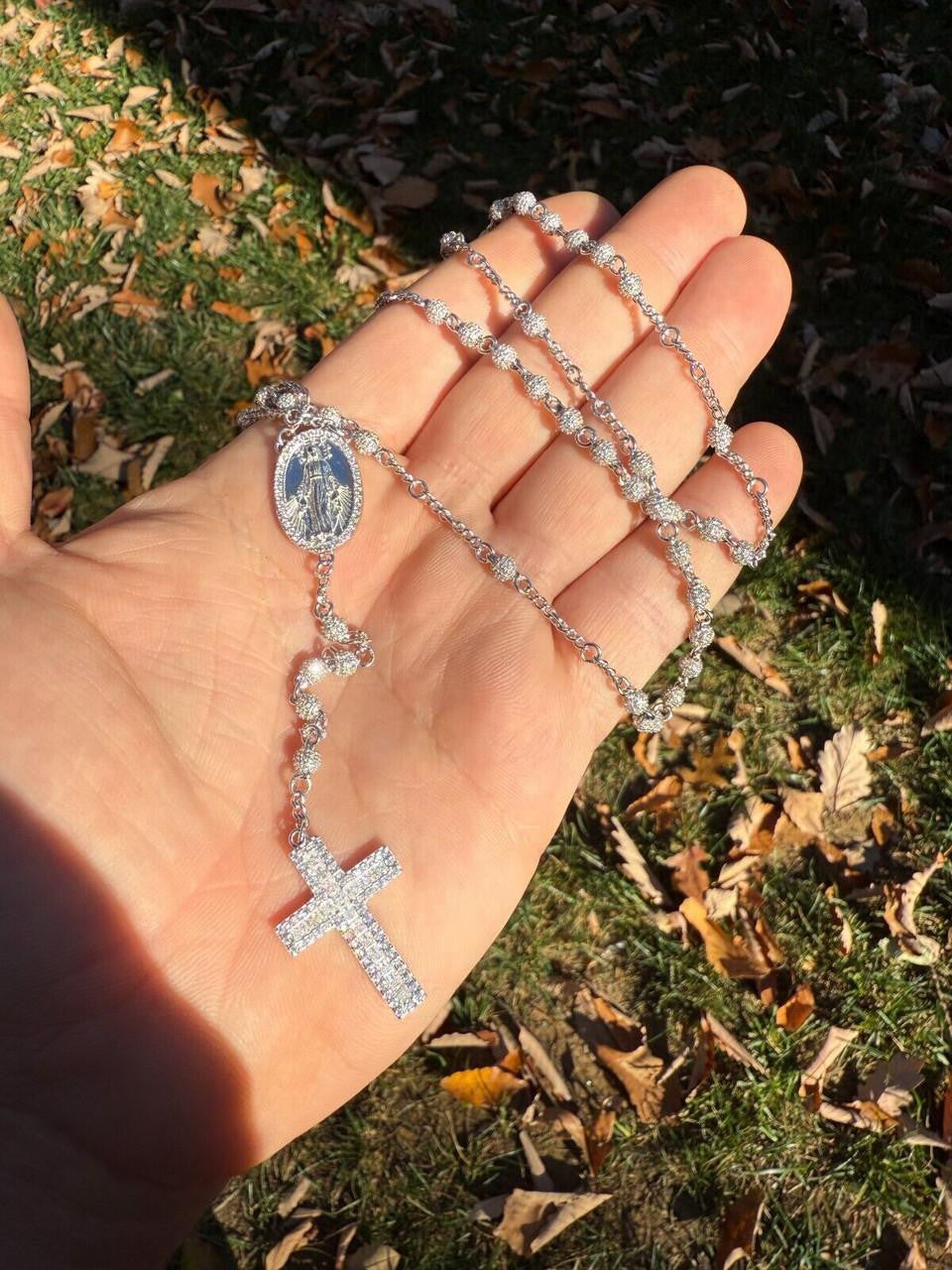 HarlemBling MOISSANITE The Vatican Fully Iced Out Rosary Beads Necklace - 925 Silver - 4mm - 30"