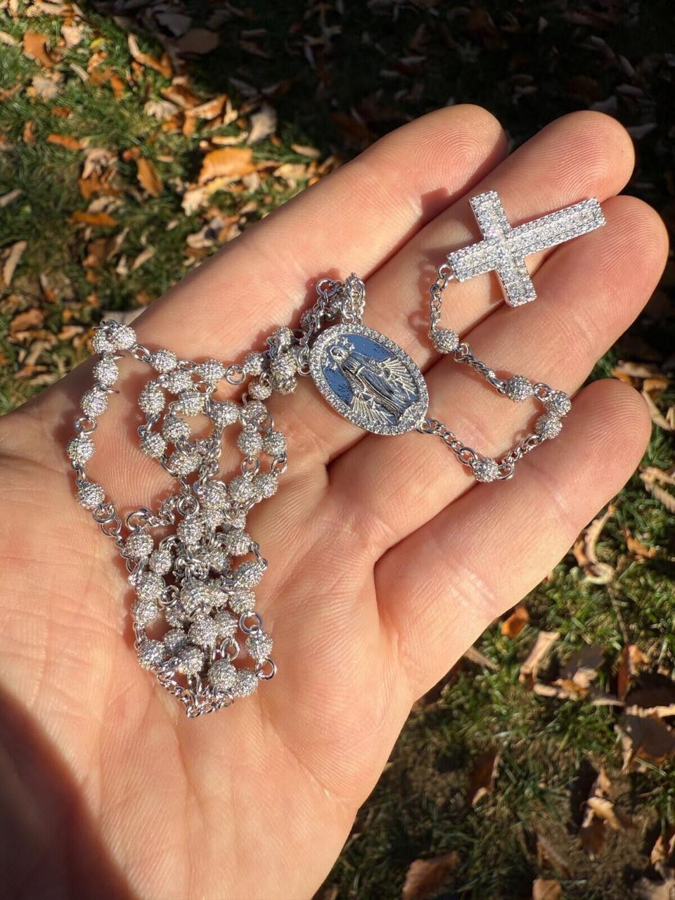 HarlemBling MOISSANITE The Vatican Fully Iced Out Rosary Beads Necklace - 925 Silver - 4mm - 30"