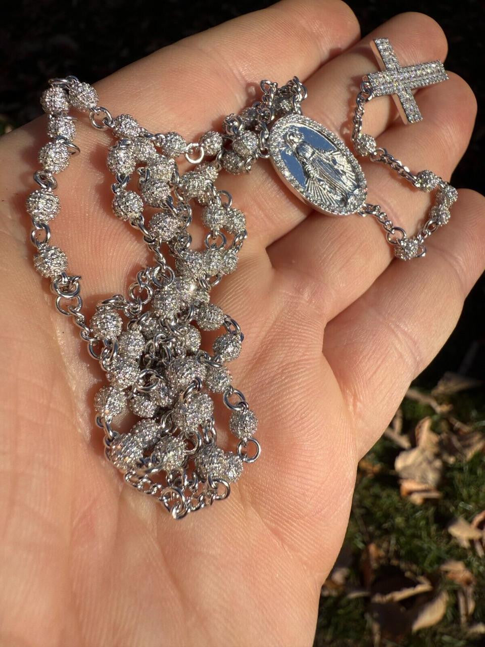 HarlemBling MOISSANITE The Vatican Fully Iced Out Rosary Beads Necklace - 925 Silver - 4mm - 30"