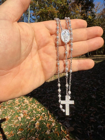 HarlemBling MOISSANITE The Vatican Fully Iced Out Rosary Beads Necklace - 925 Silver - 4mm - 30"