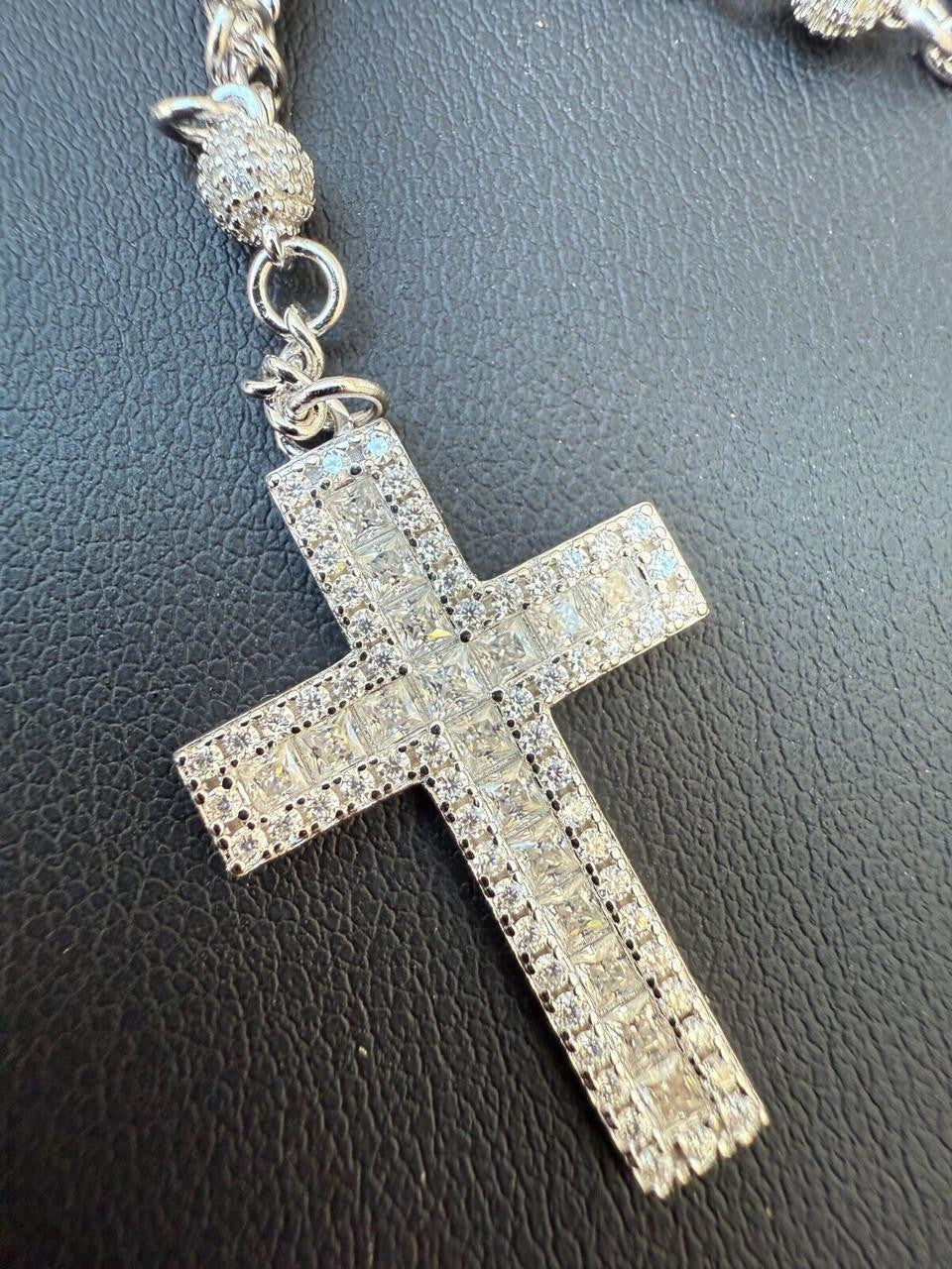 HarlemBling MOISSANITE The Vatican Fully Iced Out Rosary Beads Necklace - 925 Silver - 4mm - 30"