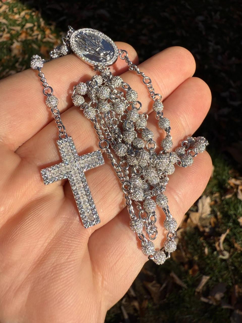 HarlemBling MOISSANITE The Vatican Fully Iced Out Rosary Beads Necklace - 925 Silver - 4mm - 30"