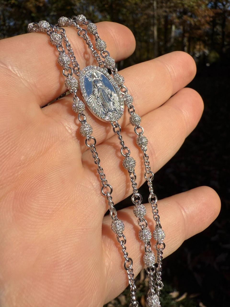 HarlemBling MOISSANITE The Vatican Fully Iced Out Rosary Beads Necklace - 925 Silver - 4mm - 30"