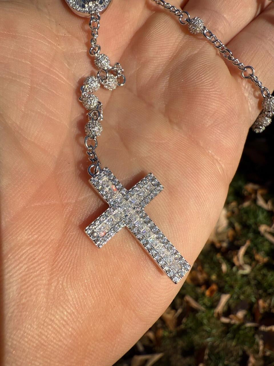 HarlemBling MOISSANITE The Vatican Fully Iced Out Rosary Beads Necklace - 925 Silver - 4mm - 30"