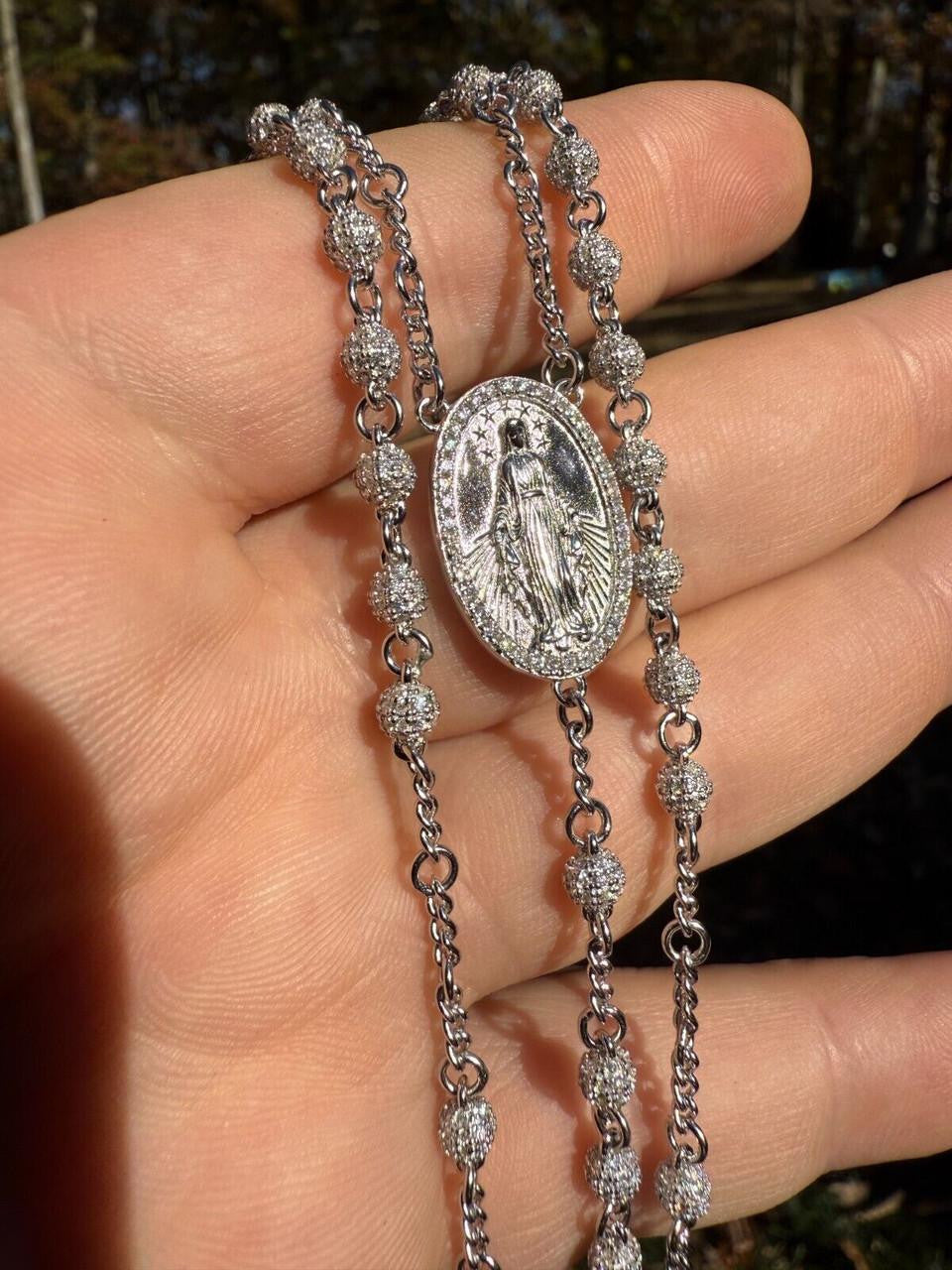 HarlemBling MOISSANITE The Vatican Fully Iced Out Rosary Beads Necklace - 925 Silver - 4mm - 30"