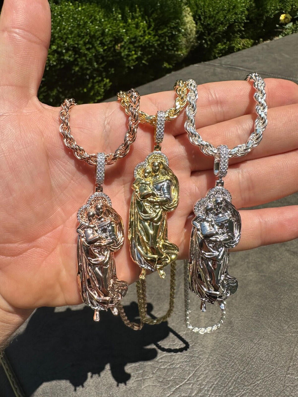 HarlemBling MOISSANITE Virgin Mary 3D Pendant Real 925 Silver/ Yellow Rose Gold Necklace