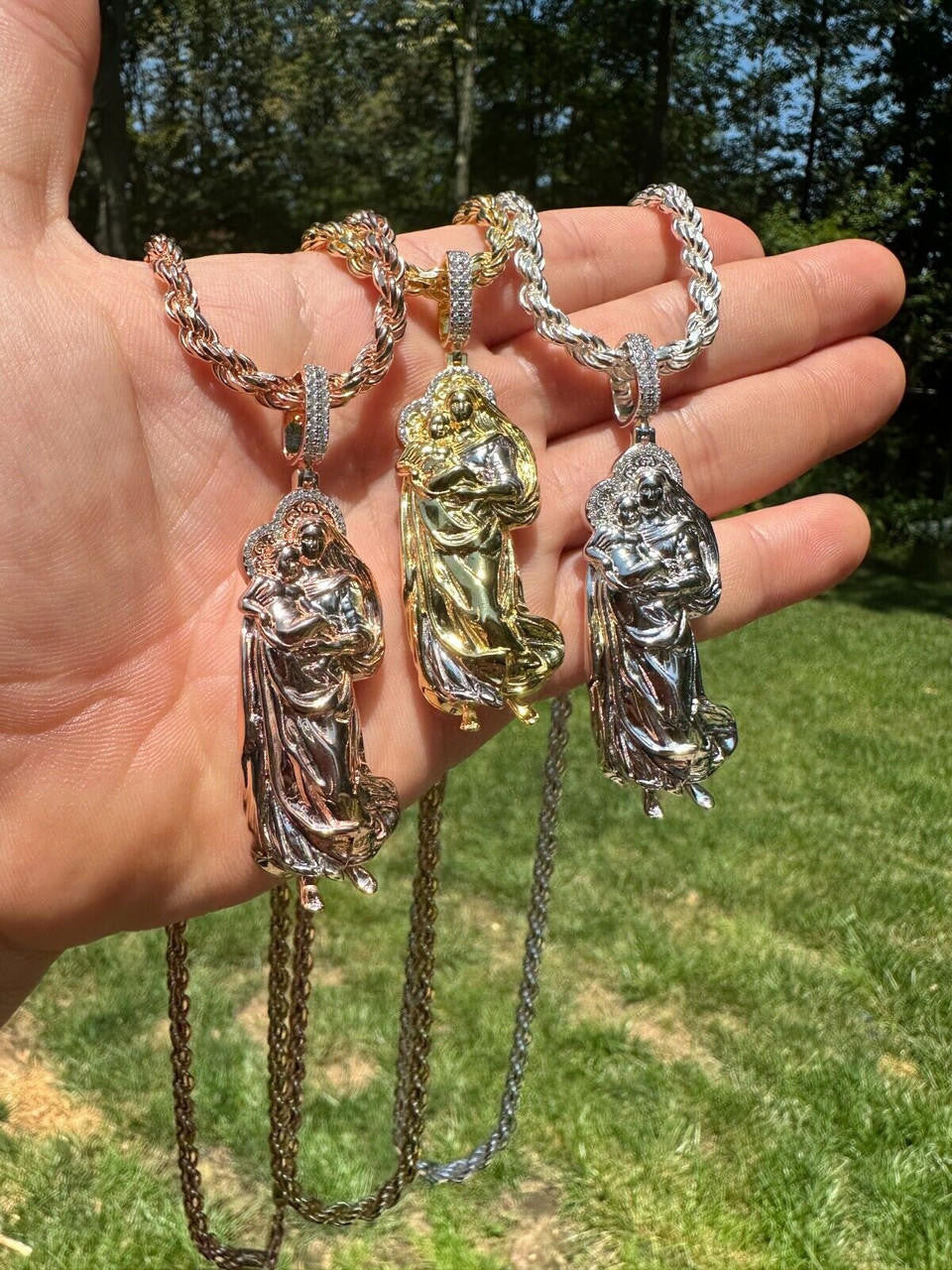 HarlemBling MOISSANITE Virgin Mary 3D Pendant Real 925 Silver/ Yellow Rose Gold Necklace