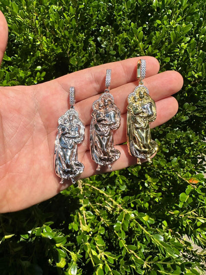 HarlemBling MOISSANITE Virgin Mary 3D Pendant Real 925 Silver/ Yellow Rose Gold Necklace