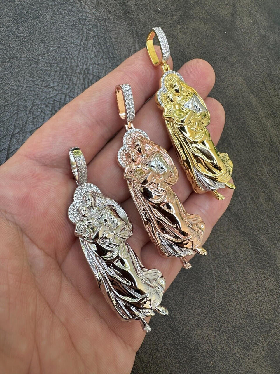 HarlemBling MOISSANITE Virgin Mary 3D Pendant Real 925 Silver/ Yellow Rose Gold Necklace