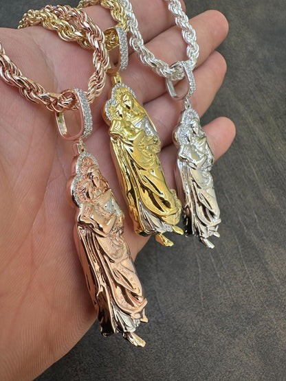 HarlemBling MOISSANITE Virgin Mary 3D Pendant Real 925 Silver/ Yellow Rose Gold Necklace