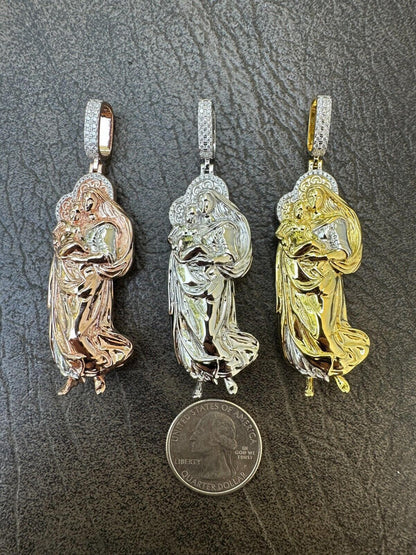HarlemBling MOISSANITE Virgin Mary 3D Pendant Real 925 Silver/ Yellow Rose Gold Necklace