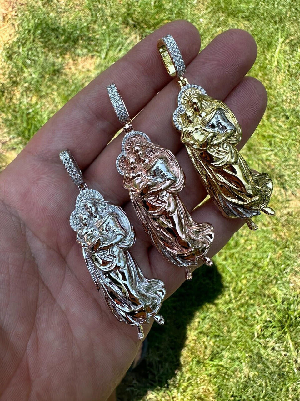 HarlemBling MOISSANITE Virgin Mary 3D Pendant Real 925 Silver/ Yellow Rose Gold Necklace