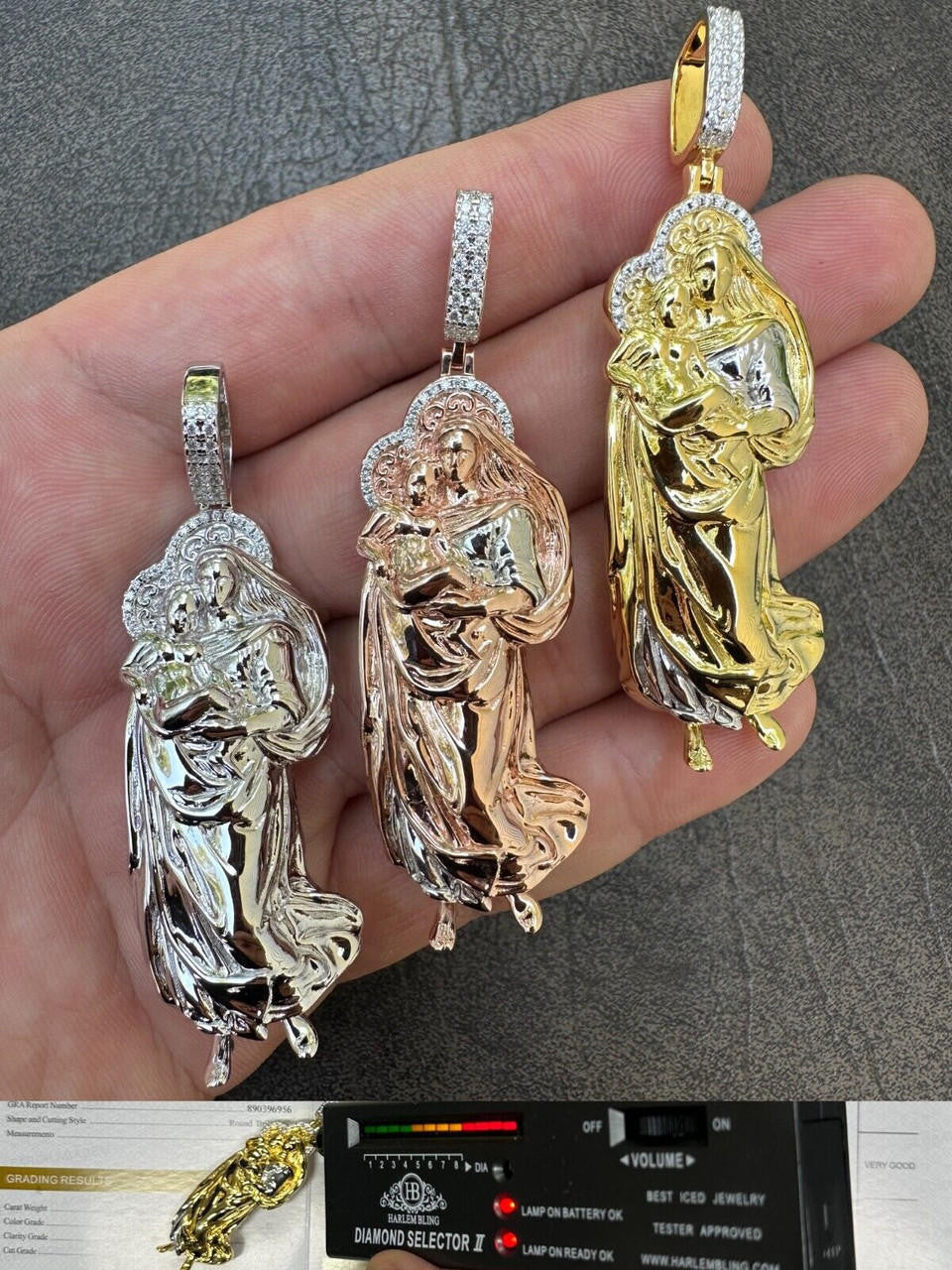 HarlemBling MOISSANITE Virgin Mary 3D Pendant Real 925 Silver/ Yellow Rose Gold Necklace