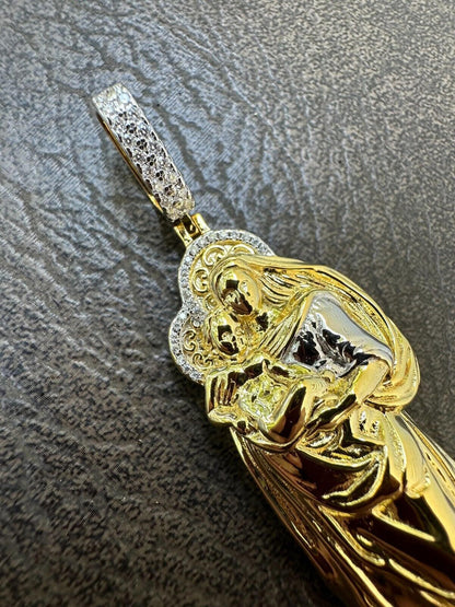 HarlemBling MOISSANITE Virgin Mary 3D Pendant Real 925 Silver/ Yellow Rose Gold Necklace