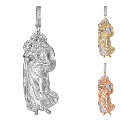 HarlemBling MOISSANITE Virgin Mary 3D Pendant - Yellow/Rose Gold Vermeil 925 Silver - Large 2.5"
