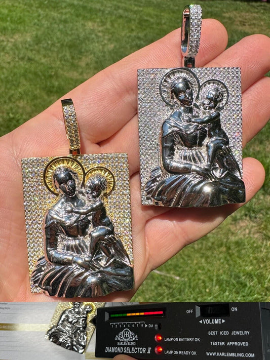 HarlemBling MOISSANITE Virgin Mary Pendant Real 925 Silver Necklace Large 2.5" Ice Out Piece