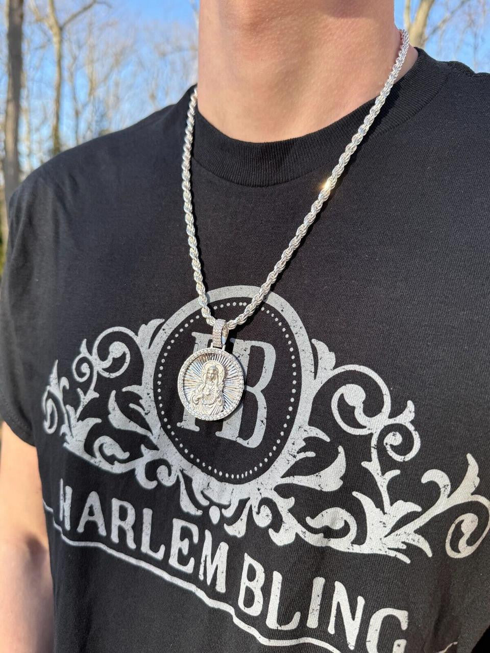 HarlemBling MOISSANITE Virgin Mary Round Medallion Pendant - 14k Gold Vermeil Or 925 Silver - Medium 2"