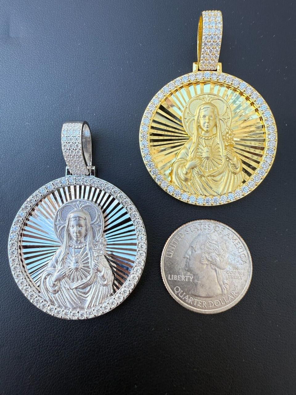 HarlemBling MOISSANITE Virgin Mary Round Medallion Pendant - 14k Gold Vermeil Or 925 Silver - Medium 2"