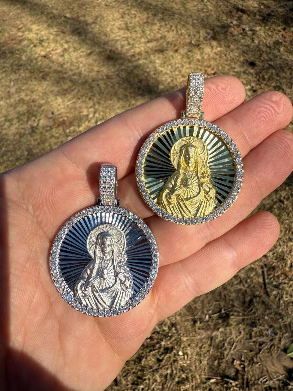 HarlemBling MOISSANITE Virgin Mary Round Medallion Pendant - 14k Gold Vermeil Or 925 Silver - Medium 2"