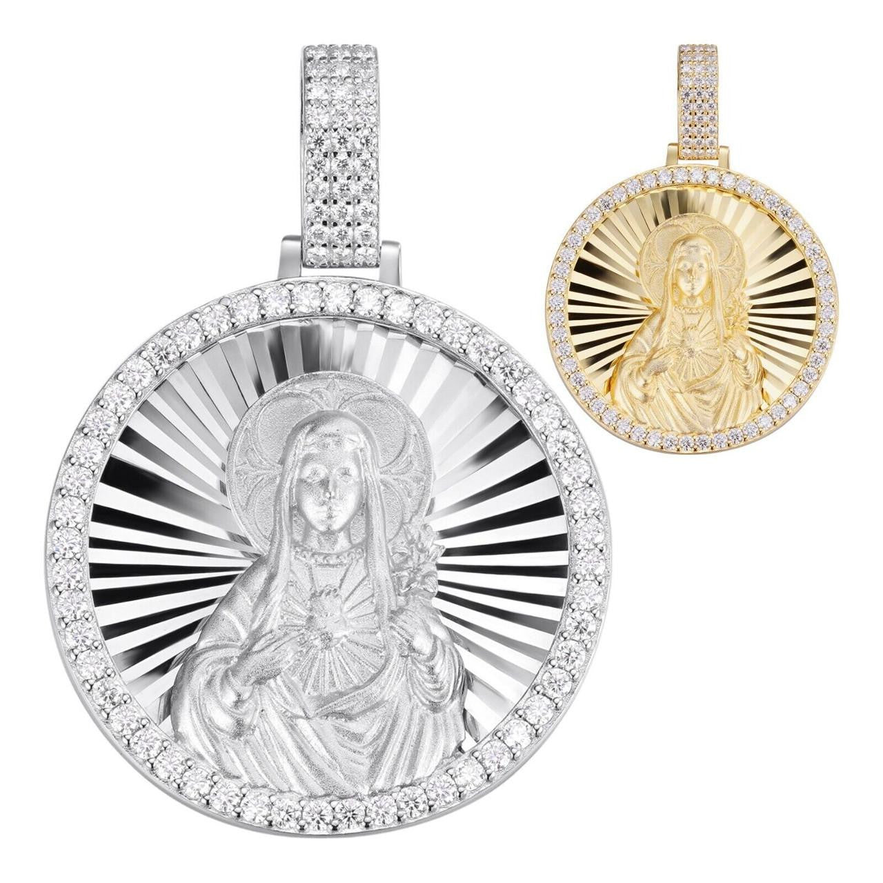 HarlemBling MOISSANITE Virgin Mary Round Medallion Pendant - 14k Gold Vermeil Or 925 Silver - Medium 2"
