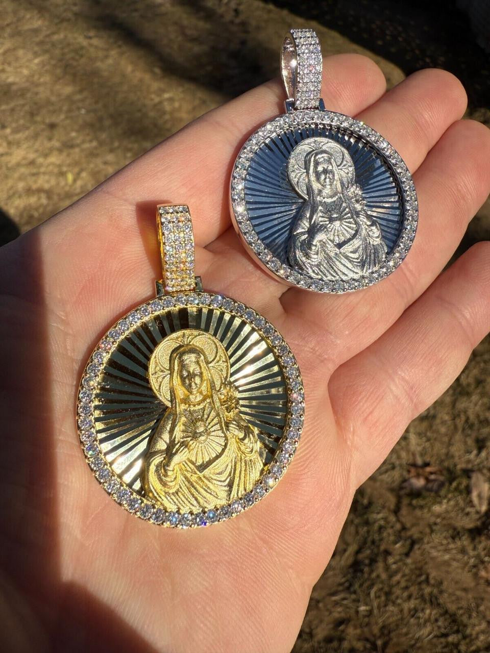 HarlemBling MOISSANITE Virgin Mary Round Medallion Pendant - 14k Gold Vermeil Or 925 Silver - Medium 2"